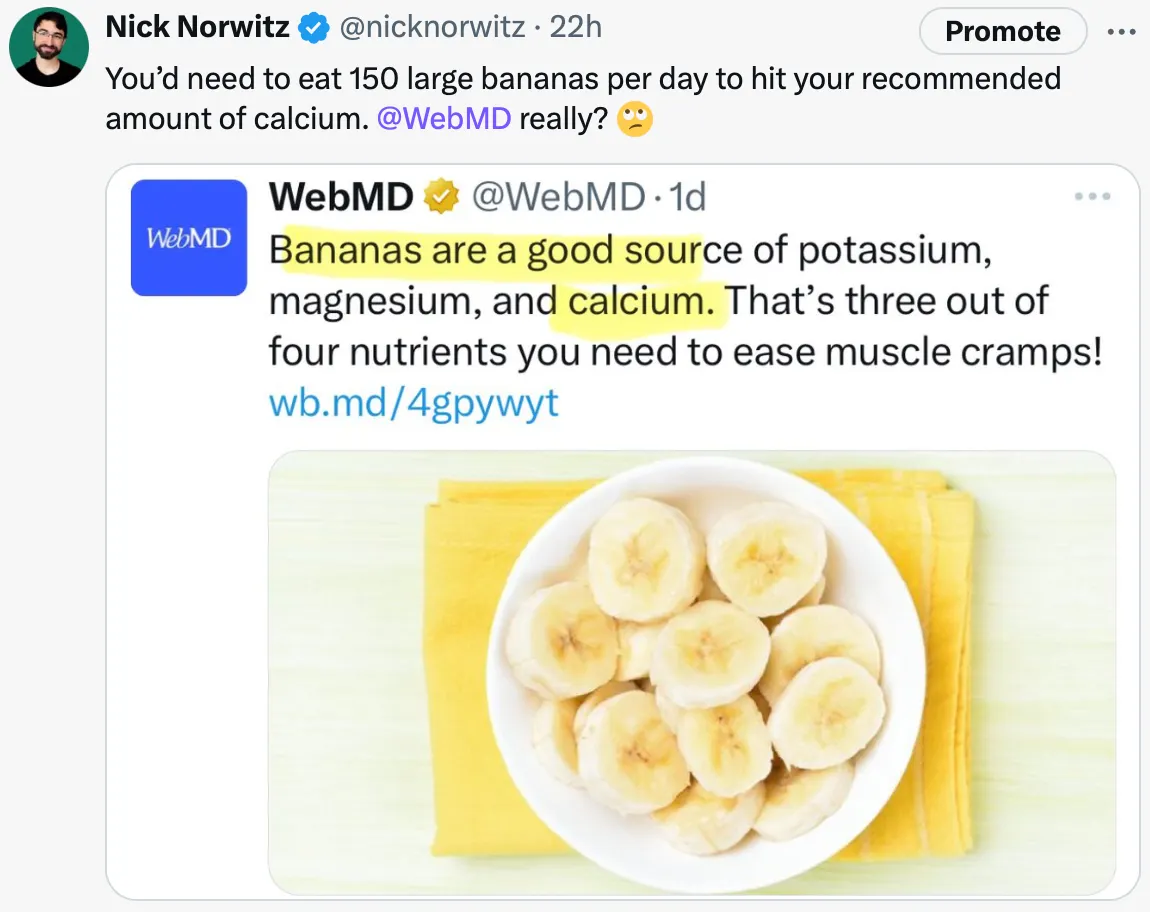 Příspěvek Nicka Norwitze na síti X s obrázkem banánů a citovaným textem WebMD.